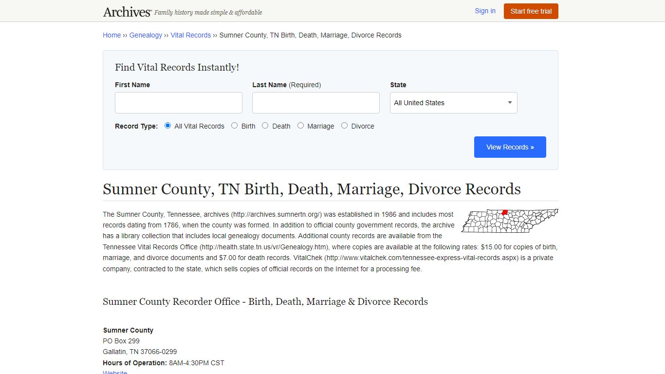 Sumner County, TN Birth, Death, Marriage, Divorce Records - Archives.com
