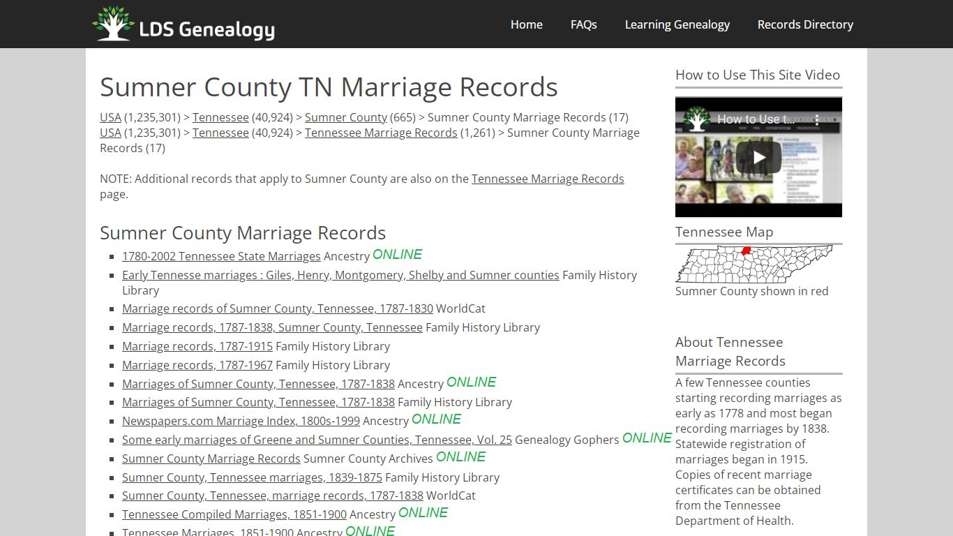 Sumner County TN Marriage Records - LDS Genealogy